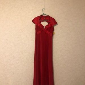 Red formal dress.